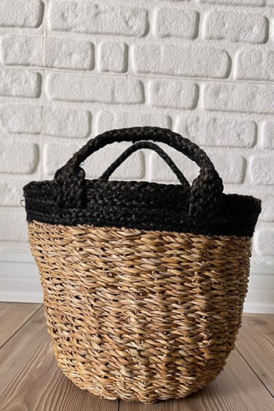 Naturel Kulplu Hasır Sepet  25cm x30cm Naturel-Beyaz