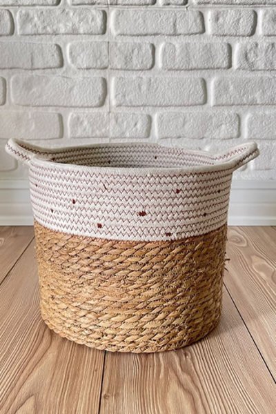Naturel Kulplu Hasır Sepet  25cm x30cm Naturel-Beyaz
